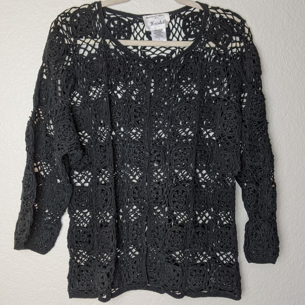Kroshetta crocheted buttoned black cardigan. Sz L